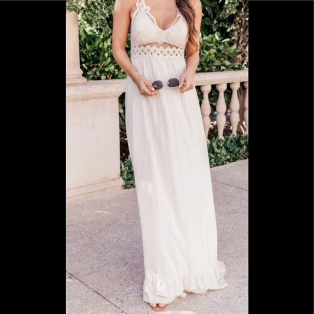 Pink Lily Such A Delight Taupe Maxi Dress - Lace / lightweight / cross straps